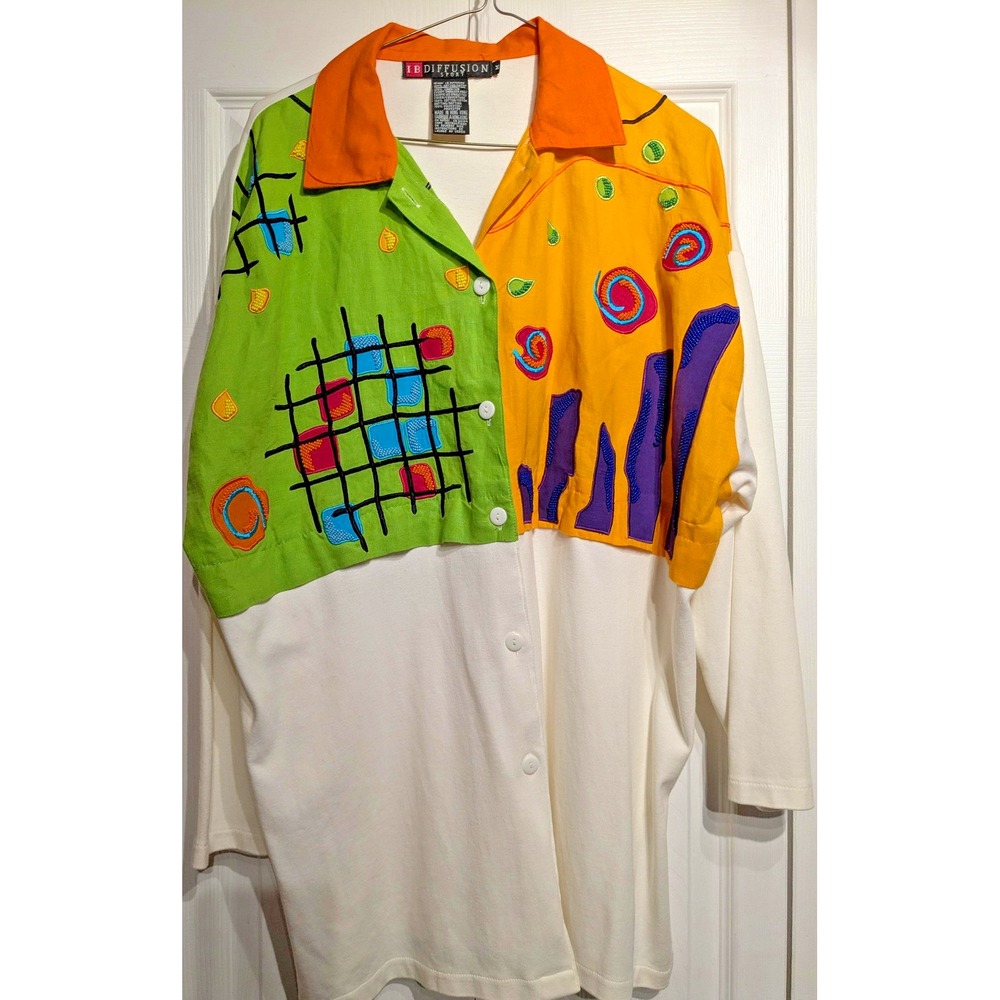 Vintage IB Diffusion Sport Shirt Womens Medium Colorblock Abstract Art 90s Linen